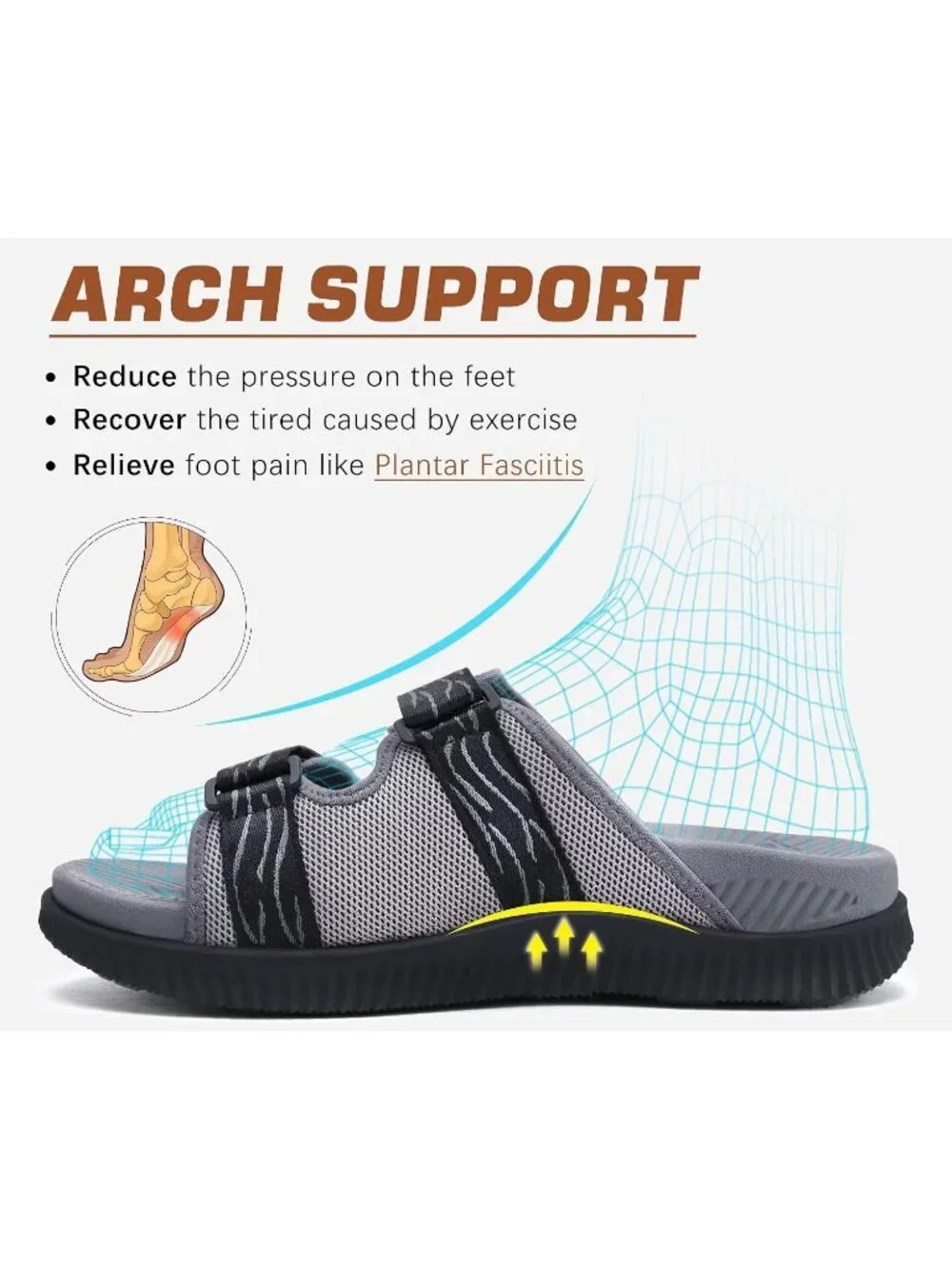 Men's Grey Athletic Thick Cushion Recovery Sport Slides Orthotic Sandal Shoes
